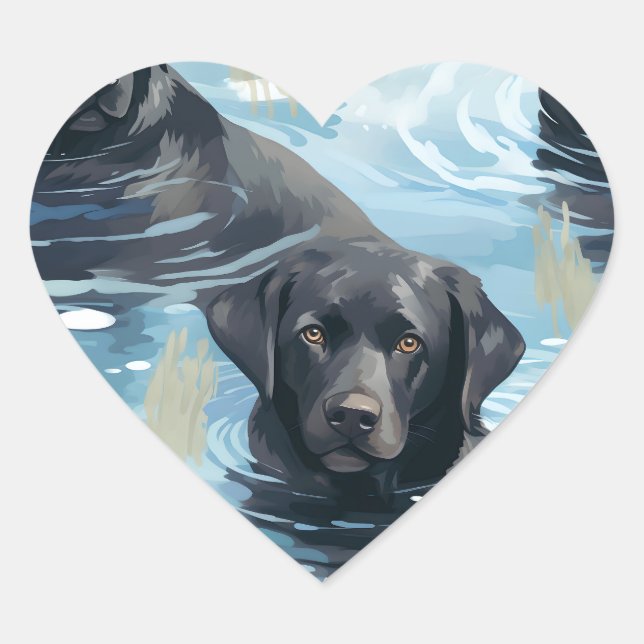 Black Labrador Swimming Pattern Heart Sticker (Front)