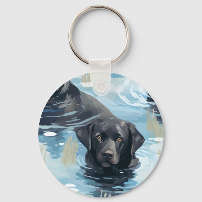 Black Labrador Swimming Pattern Key Ring (Front)