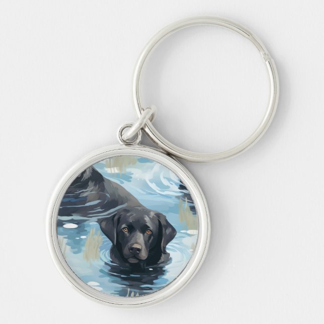 Black Labrador Swimming Pattern Key Ring (Front)