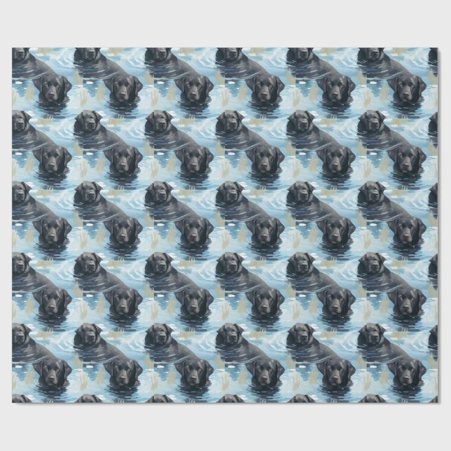 Black Labrador Swimming Pattern Wrapping Paper (Flat)