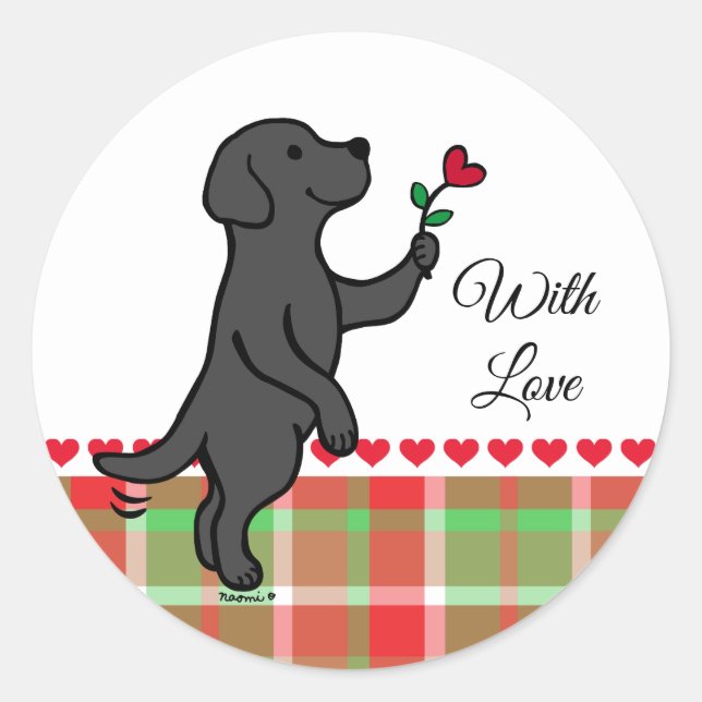 Black Labrador Tiny Heart Flower Valentine Classic Round Sticker (Front)