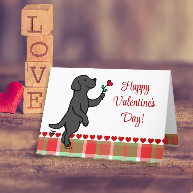 Black Labrador Tiny Heart Flower Valentine Holiday Card (Black Labrador Tiny Heart Flower Valentine's Day Cards for Labrador Owners.  Sweet cartoon design.)