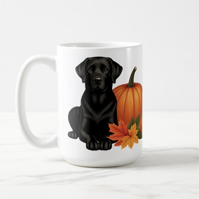 Black Labrador With Autumn Leaves and Pumpkin Coffee Mug (Left)