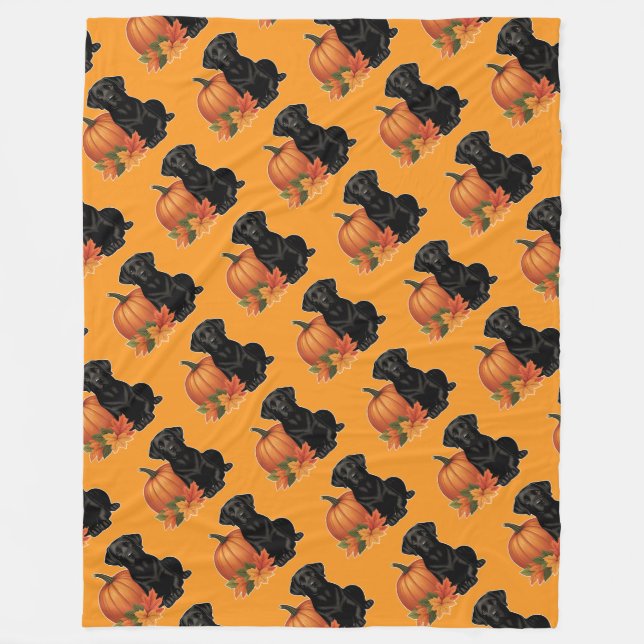 Black Labrador With Autumn Leaves and Pumpkin Fleece Blanket (Front)