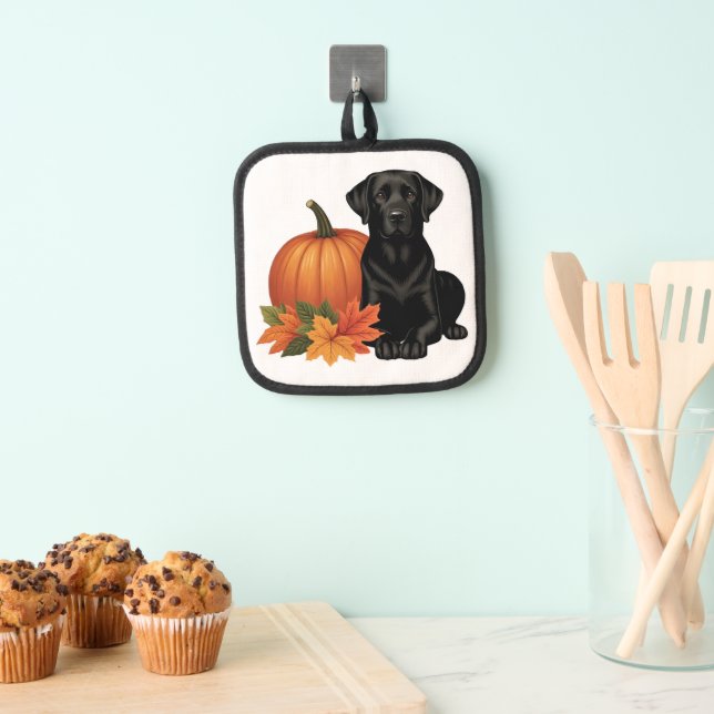 Black Labrador With Autumn Leaves and Pumpkin  Pot Holder (Insitu(Hanging))