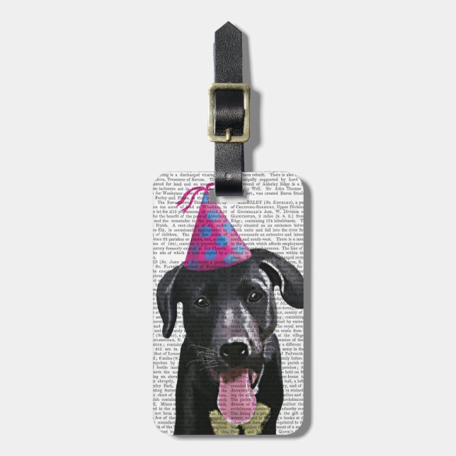 Black Labrador With Party Hat Luggage Tag (Front Vertical)
