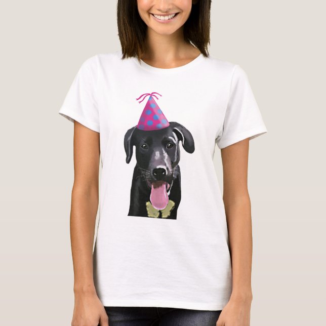 Black Labrador With Party Hat T-Shirt (Front)
