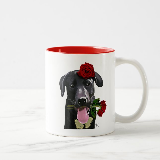 Black Labrador with Roses 2 Two-Tone Coffee Mug (Right)