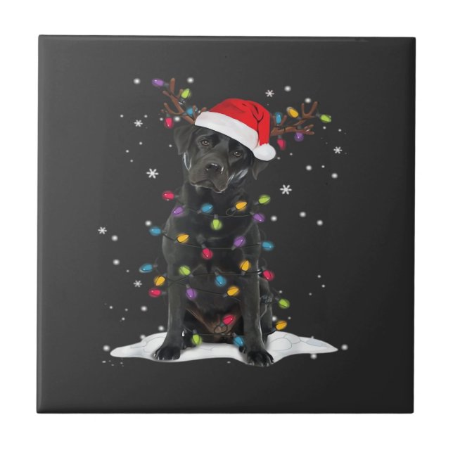 Black Labrador Xmas Dog Christmas Tree Light Class Ceramic Tile (Front)