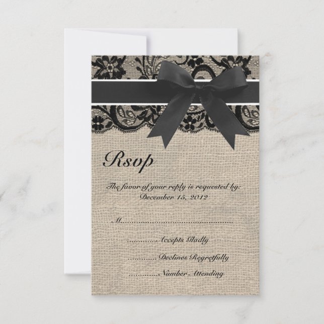Black Lace and Burlap Wedding RSVP Card (Front)