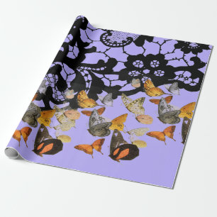 BLACK LACE AND BUTTERFLIES IN PURPLE GIFT WRAPPING WRAPPING PAPER