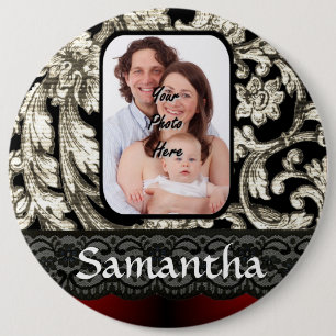 Black lace and damask 6 cm round badge