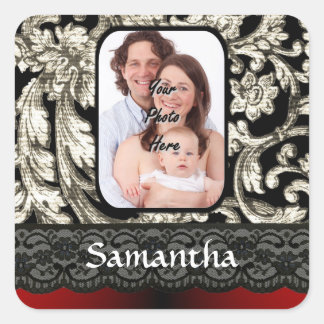 Black lace and damask square sticker