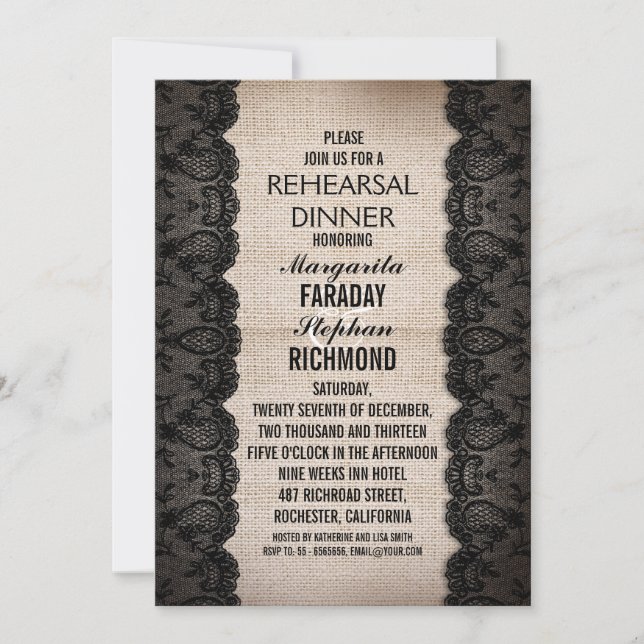 black lace and rustic burlap rehearsal dinner invitation (Front)