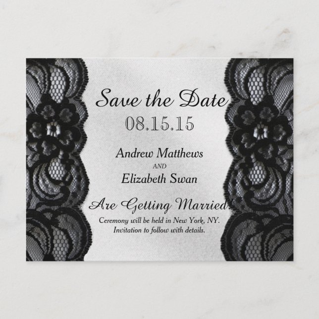 Black Lace and Satin Save the Date Announcement Postcard (Front)