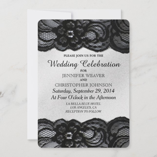 Black Lace and White Satin Wedding Invitations (Front)