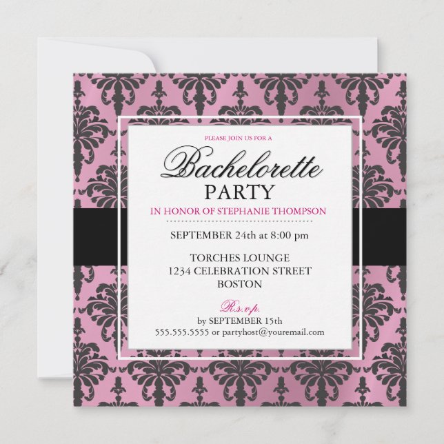 Black Lace Bachelorette Party Invitations Hot PInk (Front)