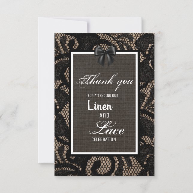 Black lace, burlap, linen custom wedding  thank you card (Front)