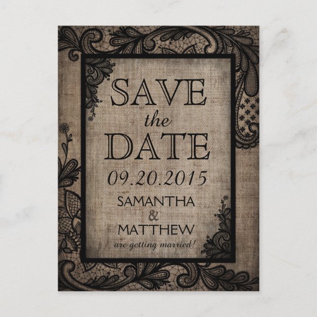 Black Lace Burlap Modern Goth Save the Date Announcement Postcard (Front)