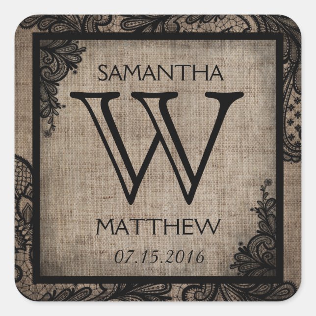 Black Lace Burlap Modern Goth Wedding Gift Label (Front)