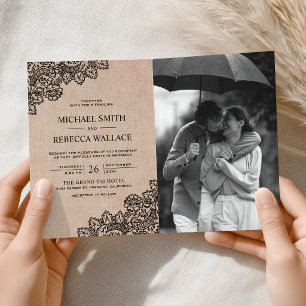 Black Lace Burlap Photo QR Code Wedding Invitation
