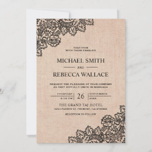 Black Lace Burlap QR Code Wedding Invitation