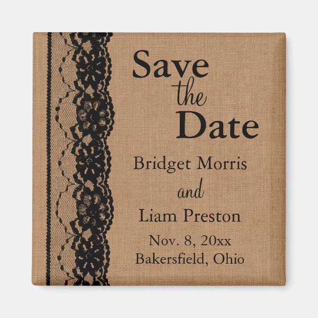Black Lace &  Burlap Save the Date Magnet (Front)
