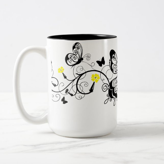 Black Lace Butterflies 10 Two-Tone Coffee Mug (Left)