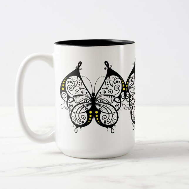 Black Lace Butterflies 5 Two-Tone Coffee Mug (Left)
