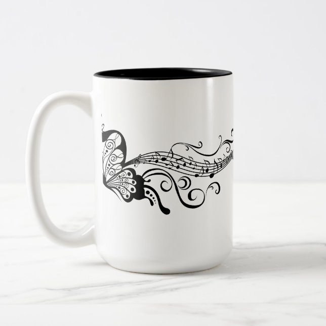 Black Lace Butterflies 6 Musical Two-Tone Coffee Mug (Left)
