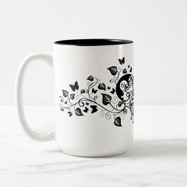 Black Lace Butterflies 9 Two-Tone Coffee Mug (Left)