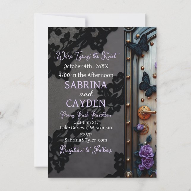Black Lace, Butterflies and Purple Roses Wedding Invitation (Front)