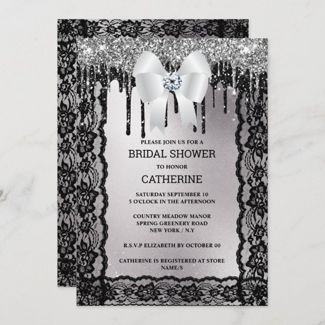 Black lace diamond bow silver glitter elegant chic invitation (Front/Back)