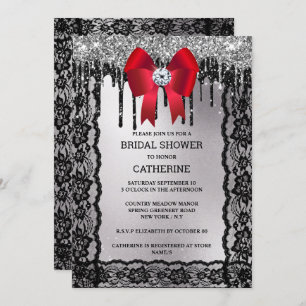 Black lace diamond red bow silver glitter elegant invitation