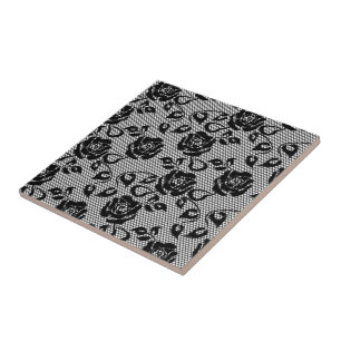 Black Lace Fishnet Ceramic Tile with Roses