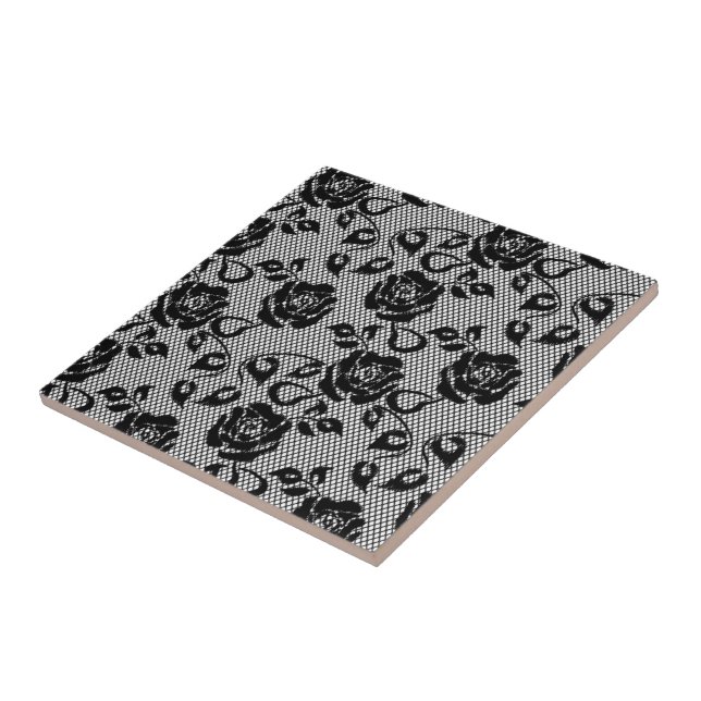 Black Lace Fishnet Ceramic Tile with Roses (Side)