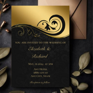 Black lace golden wedding invitation 