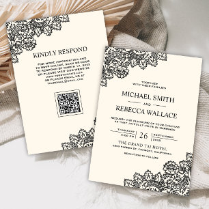 Black Lace Ivory Cream QR Code Wedding Invitation