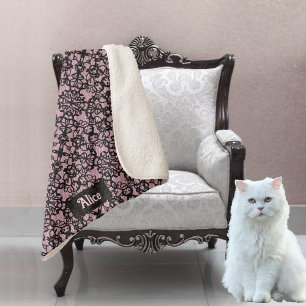 Black Lace on Fishnet Look - add name to pale pink Sherpa Blanket