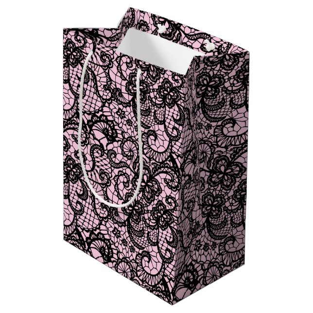 Black Lace on Pink  Medium Gift Bag (Back Angled)