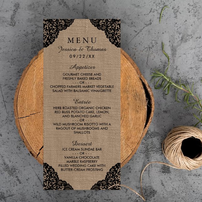Black Lace On Rustic Burlap Wedding Menu (Creator Uploaded)