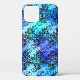 Black Lace On Soft Blue Patterned Glass Case-Mate iPhone 12 Case