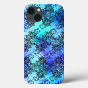 Black Lace On Soft Blue Patterned Glass iPhone 13 Case