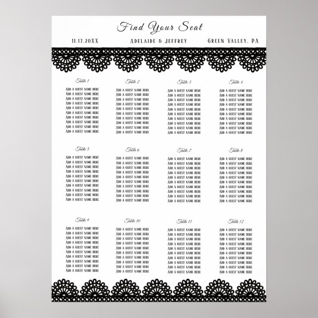 Black Lace on Soft Lavender Custom Seating Chart (Front)