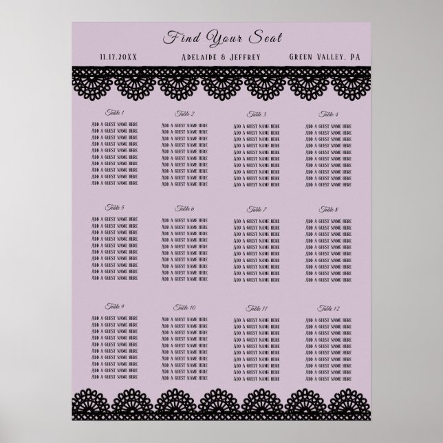 Black Lace on Soft Lavender Custom Seating Chart (Front)