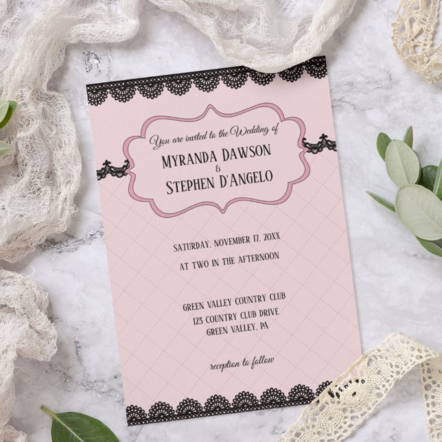Black Lace on Soft Pink Custom Wedding Invitation (Creator Uploaded)