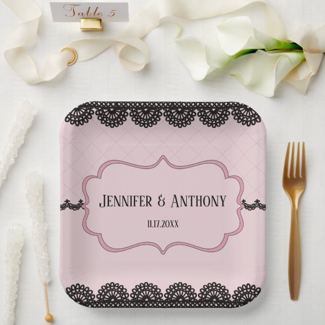 Black Lace on Soft Pink Custom Wedding Paper Plate (Wedding)