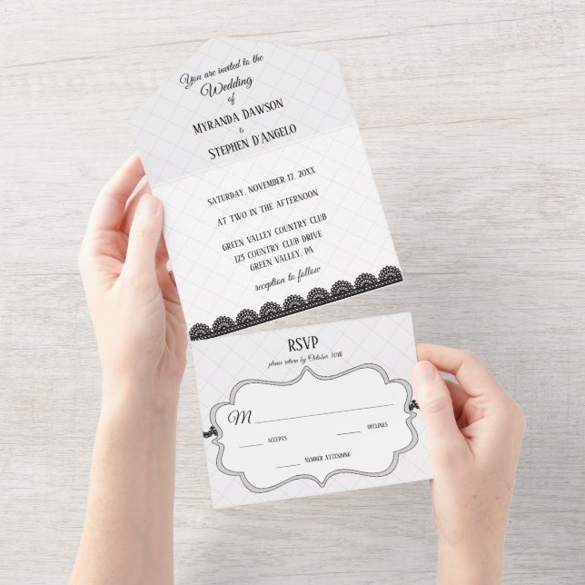 Black Lace on White Custom Wedding All In One Invitation (Tearaway)