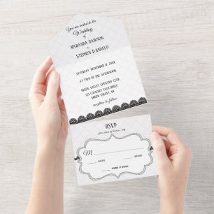 Black Lace on White Custom Wedding All In One Invitation