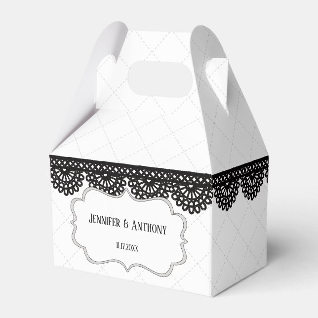 Black Lace on White Custom Wedding Favour Box (Front Side)